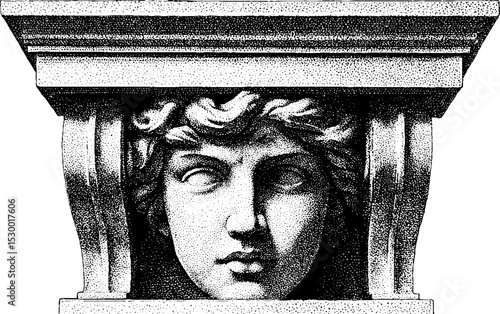 Classical statue head in niche with pediment fragment illustrating greek roman architecture