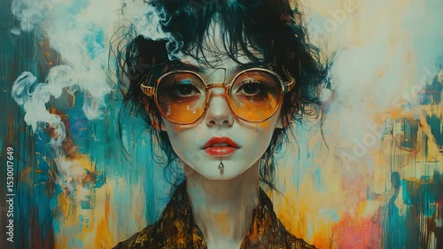 A painting of a woman wearing sunglasses and smoking a cigarette