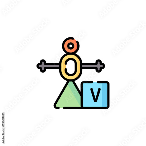 Abstract figure balances on triangle and cube, symbolizing equilibrium and stability with vibrant colors and minimalist style.