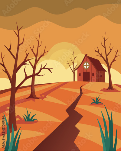 A barren and desolate farm with wilted crops symbolizing struggling agriculture. Vector illustration