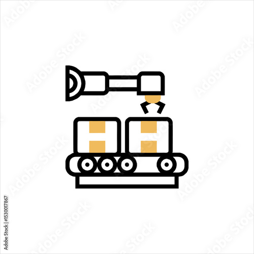 Automated robotic arm placing cardboard boxes on conveyor belt in modern factory, showcasing efficiency and precision in manufacturing process.