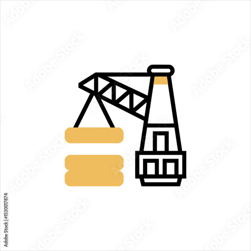 Crane lifting two stacked containers in a minimalist style on a white backdrop, symbolizing industry and logistics.