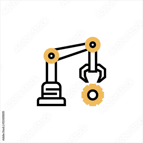 Robotic arm assembling golden gear in modern factory, showcasing automation and precision in a technological environment.