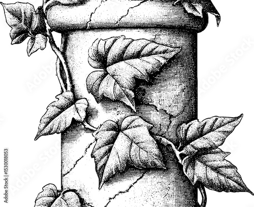 Ancient marble column with cracked surface and ivy encroachment