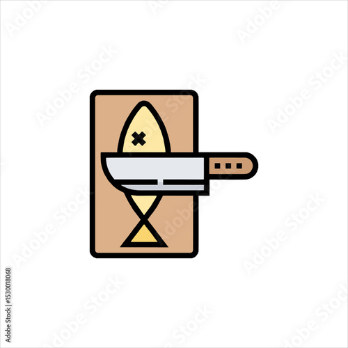 Fish lies on wooden cutting board next to sharp knife, ready to be prepared for a delicious meal in a modern kitchen, creating a culinary scene.