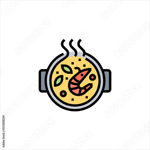 Delicious shrimp paella simmers in a pan, garnished with fresh basil, creating an inviting and flavorful dish, perfect for a cozy meal.