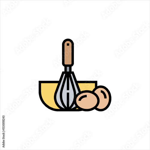 Whisk mixes eggs in yellow bowl for baking preparation, creating a simple and clean image perfect for food blogs and cooking tutorials.