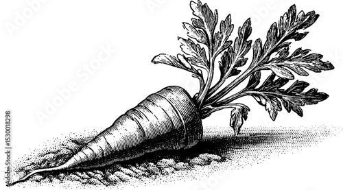 Dotwork tattoo design of crisp carrot half buried in earth