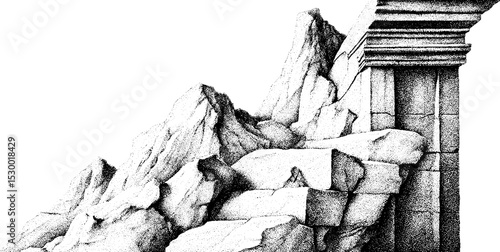 Ancient crumbling cliffside temple ruin with fissured stone structures