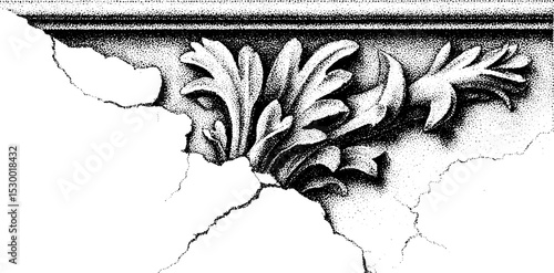 Crumbling plaster wall with peeling ornamental design for architectural texture