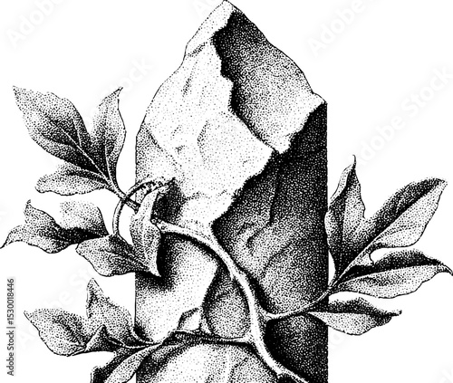 Crumbling tower fragment with jagged top and vine: nature overtaking architecture
