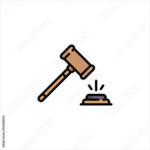 Gavel strikes sounding block symbolizing law and order in courtroom with minimalist style, conveying justice and authority.