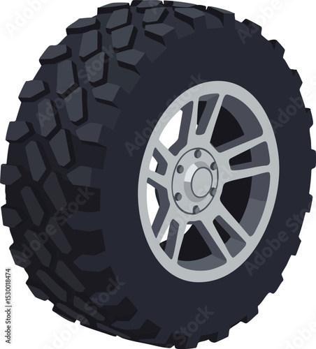 Off-road tire with rugged tread pattern and silver alloy wheel design vector illustration