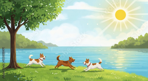 Three dogs running on green grass near a tree and a lake under a bright sun illustration