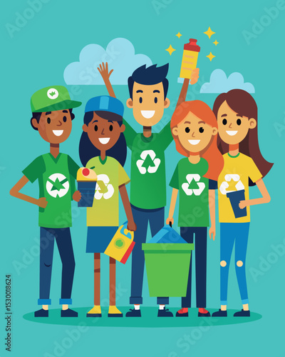 A group of passionate volunteers who regularly go around their neighborhood to educate and promote responsible recycling habits a their neighbors.. Vector illustration