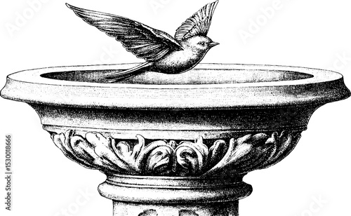 Elegant decorative birdbath with mosaic rim and pedestal featuring bird in flight