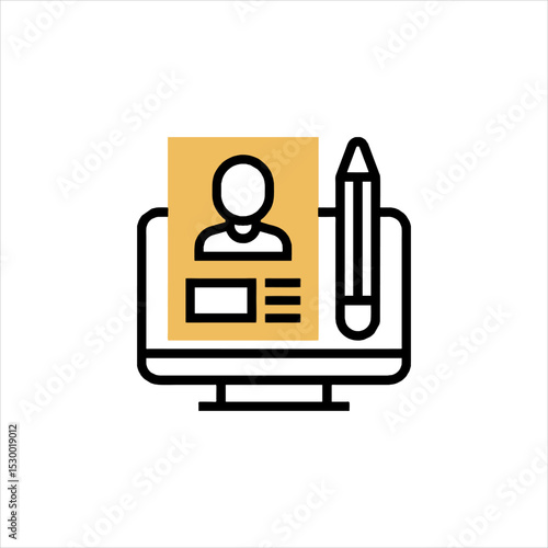 Online profile creation shown on computer screen with pencil, representing digital identity and personal branding in a modern, minimalist style.
