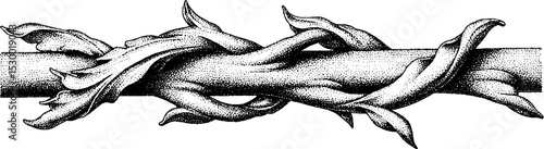 Nature-inspired dotwork tattoo design featuring driftwood and kelp entwined