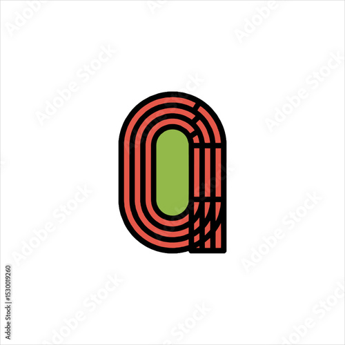 Overhead view of running track showing lanes and green field in center on white background, representing athletics and competition.