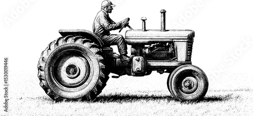 Farmer driving tractor silhouette in dotwork tattoo style for rustic designs
