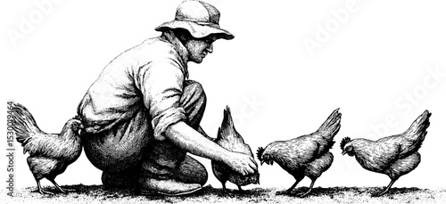 Farmer feeding chickens in dotwork tattoo style artwork