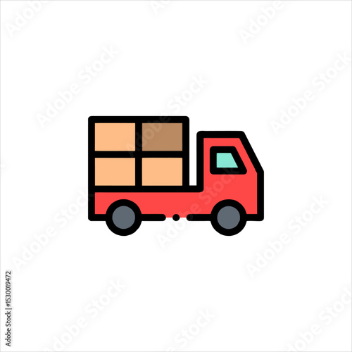Red delivery truck transports cardboard boxes across a white background, symbolizing logistics and efficient shipping services for businesses.