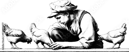 Dotwork tattoo style art of a farmer feeding chickens in black ink