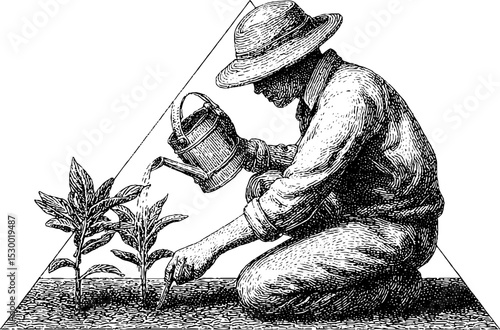 Farmer watering seedlings in greenhouse outline - sustainable agriculture and plant care