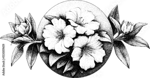 Dotwork floral art with spherical flowering hedge design for tattoos or prints