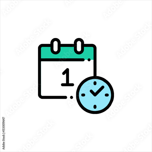 Calendar with clock shows appointment scheduling for reminder of important date and time in modern style, conveying efficiency and organization.