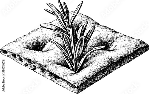 Focaccia bread slice with rosemary sprig and olive dimples illustration for culinary design