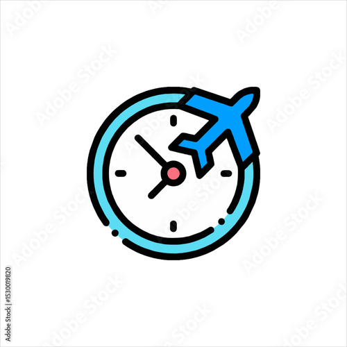 Airplane flies around clock face indicating travel time in a simple and colorful style, suggesting urgency and efficiency.