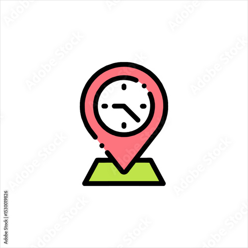Pink location pin displaying clock face rests on green map indicating time zone or appointment scheduling, creating a modern and efficient theme.