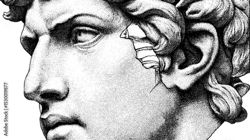 Fractured marble bust with detailed hair depicting classical sculpture art