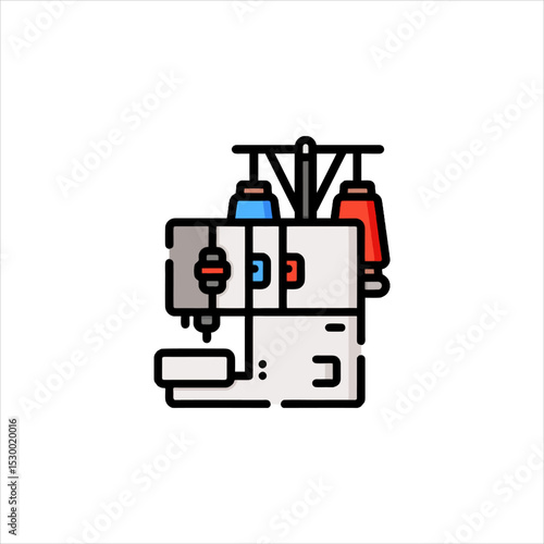 Sewing machine stitching fabric in a workshop with thread spools and needle, representing craftsmanship and tailoring.
