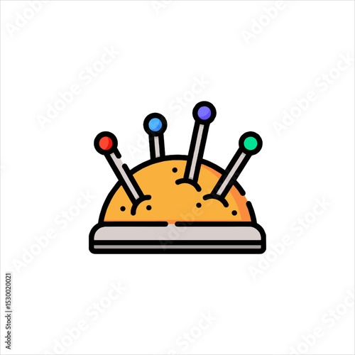 Pin cushion holding colorful pins sits on white surface, representing sewing and crafting with precision and care.