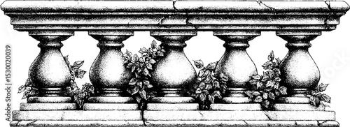 Fractured stone bridge balustrade with moss and vintage design elements