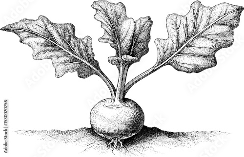 Detailed dotwork of fresh kohlrabi bulb with leaves in soil