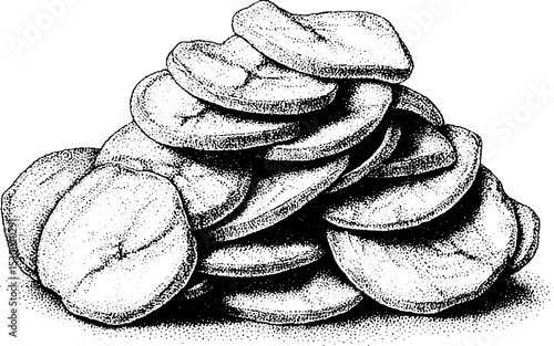 Delicious fried plantain chips piled with salt texture for culinary design
