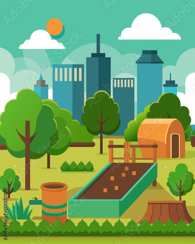 A city park utilizing a large commercial composting system to process the green waste from their park maintenance.. Vector illustration