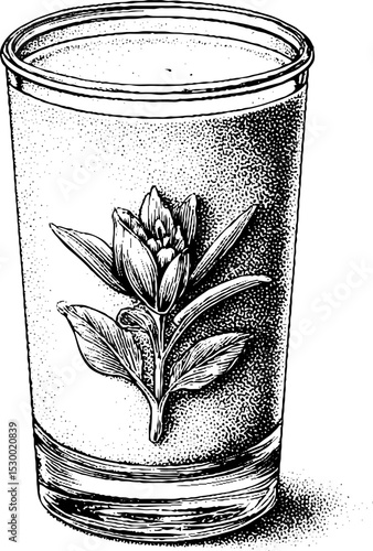 Dotwork art of mango lassi with saffron threads and floral design