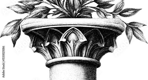 Gothic cloister column capital with intricate foliage carving design