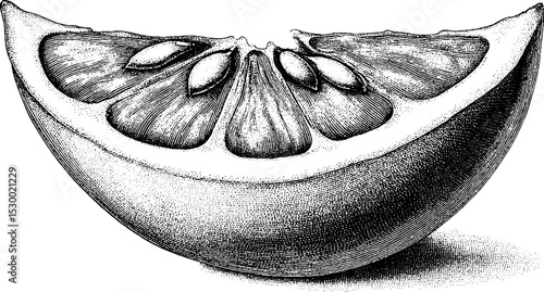 Detailed dotwork tattoo design of grapefruit wedge with seeds in black and white