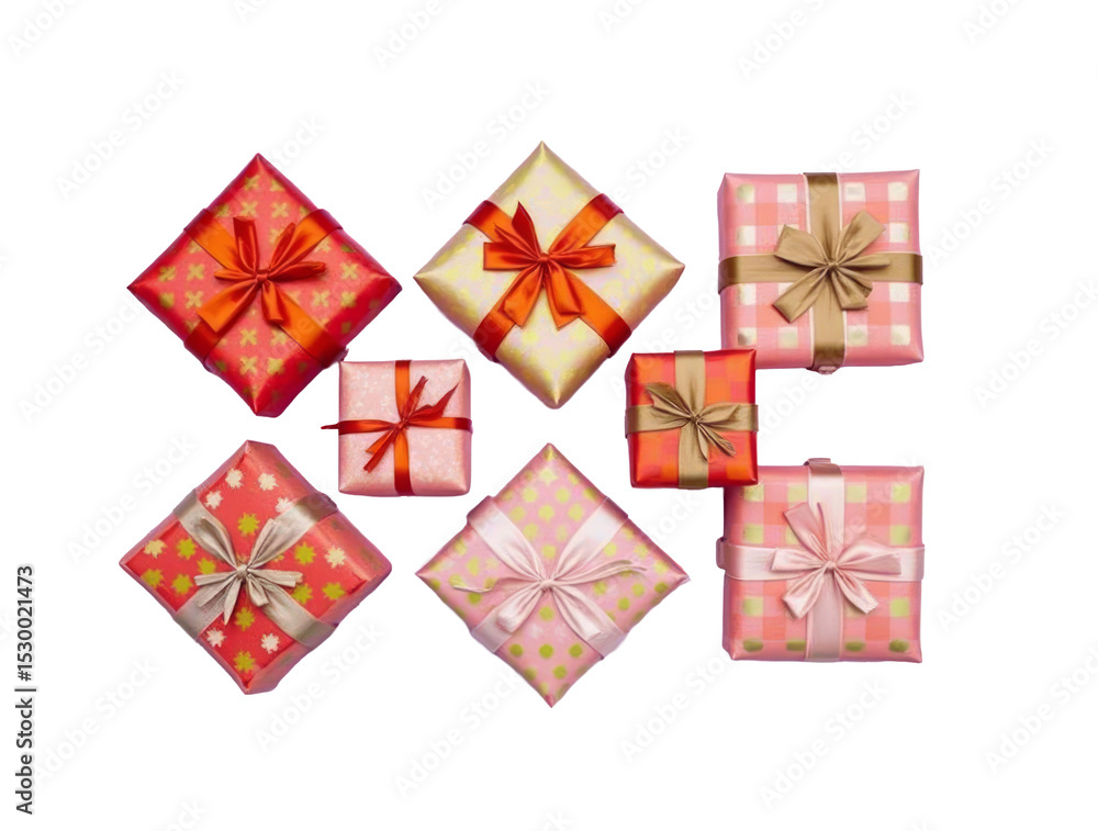 Gift Boxes Woven into a Checkerboard Pattern Alternating Between Red, Gold, and Pastel Pink Wrapping Gift Boxes Woven into a Checkerboard Pattern Alternating Between Red, Gold, and Pastel Pink Wrapping