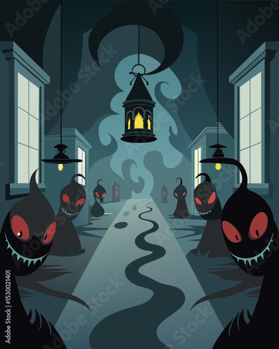 The soft hiss of the gaslights echoed in the eerily quiet room heightening the feeling of being watched by unseen forces.. Vector illustration