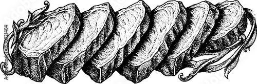 Dotwork tattoo style hanger steak with char marks design for culinary art