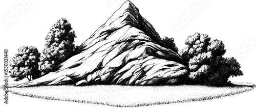 Wind swept haystack in open field with trees and textured landscape design