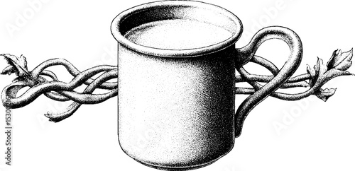 Dotwork tattoo design of hot milk in mug with artistic steam tendrils