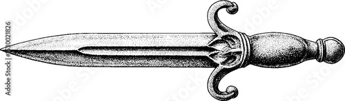 Vintage iron sword with worn edge and rivet details in dotwork style