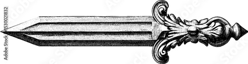 Ornate iron sword blade with worn edge and rivets in vintage dotwork style